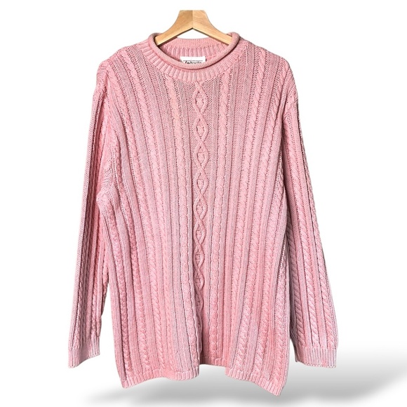 TALBOTS 100% Cotton Pink Cable Knit Sweater Rolled Mock Neck MADE IN USA Sz L - Picture 1 of 8